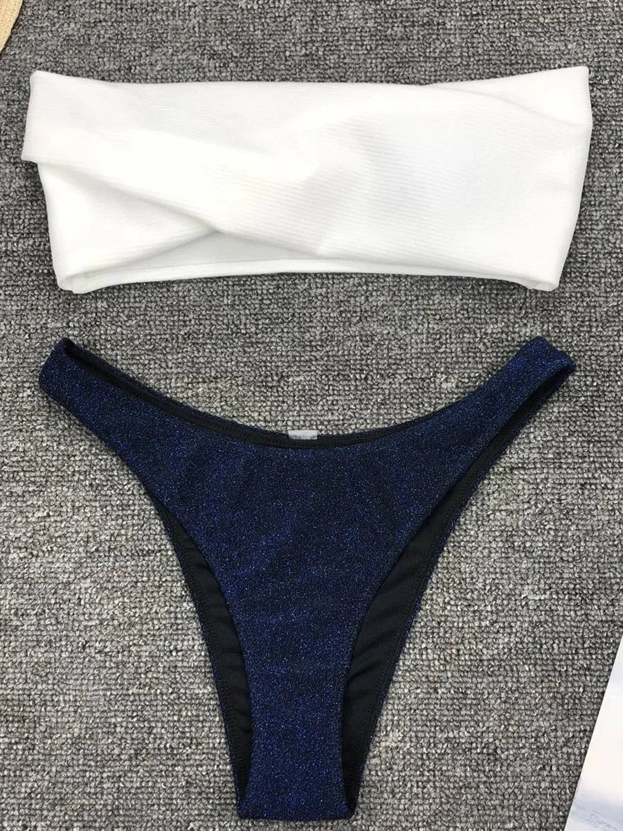 Sexy Sparkling Shiny Ribbed Bandeau Bikini