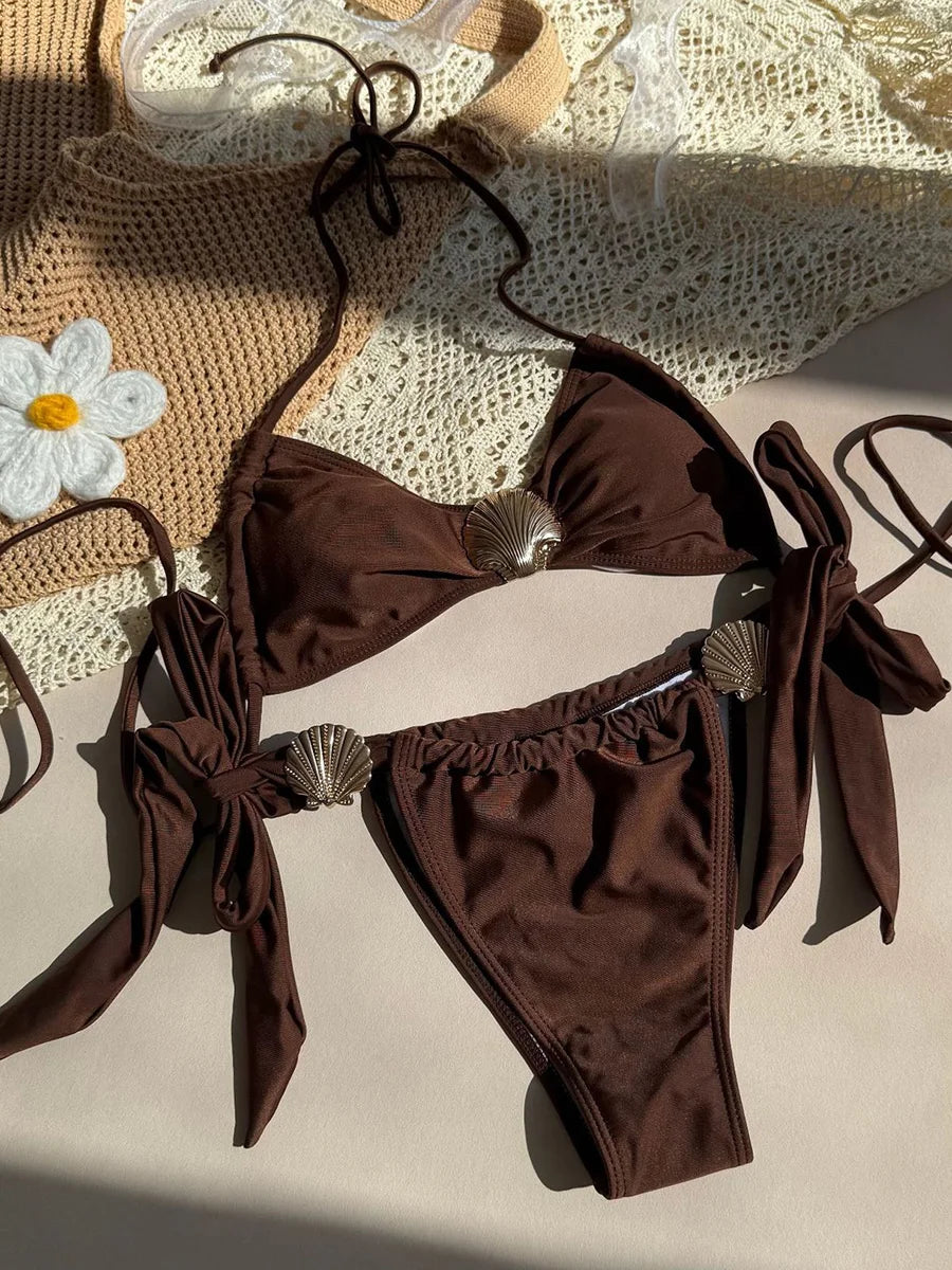 Metal Shell Halter Strappy High Cut Bikini