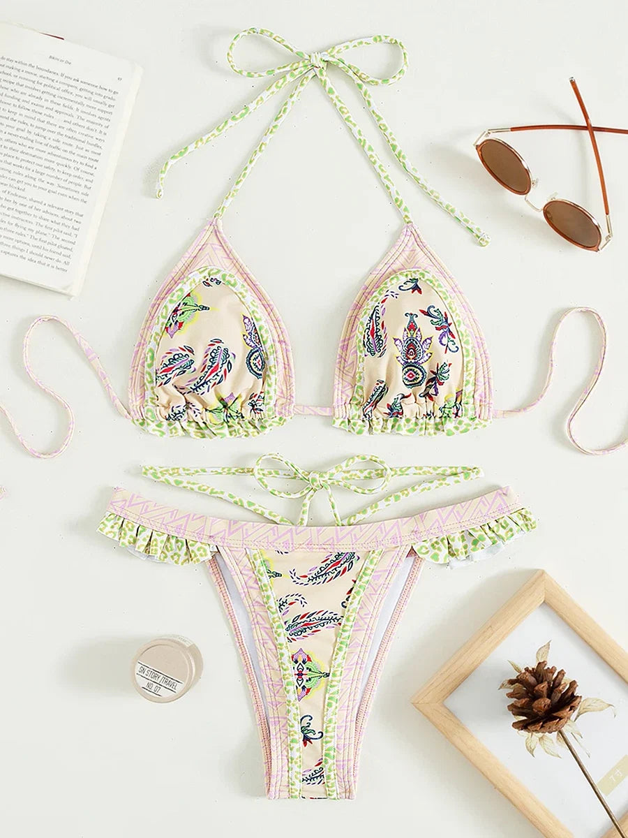 Floral Print Halter Ruffle Frilled Bikini