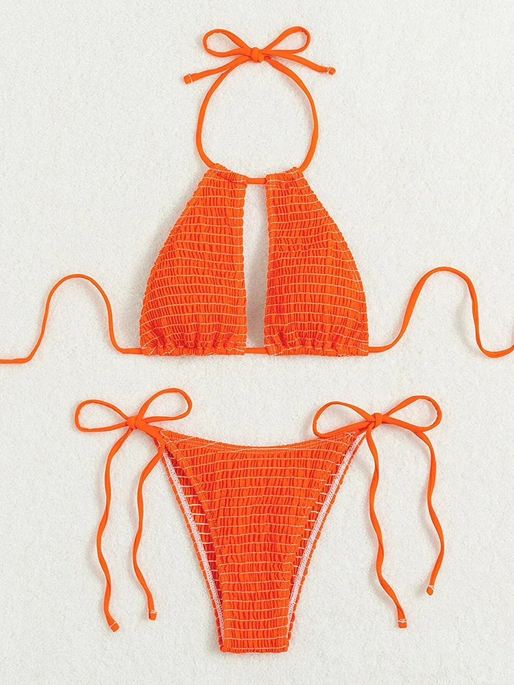 Halter Tie Side Hollow Out Smocked Bikini