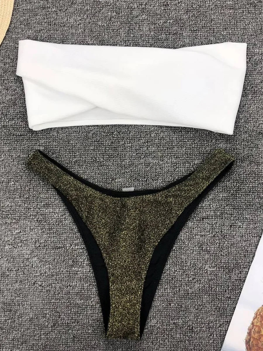 Sexy Sparkling Shiny Ribbed Bandeau Bikini