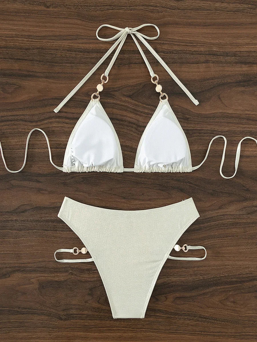 Shiny Sparkling Halter Pearls Bikini