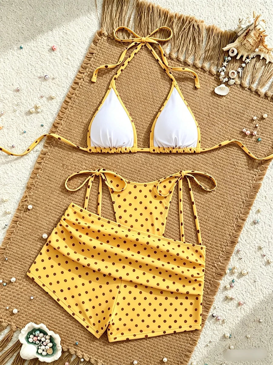 With Shorts Polka Dot Halter Mini Micro Thong Bikini