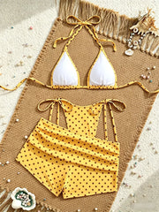 With Shorts Polka Dot Halter Mini Micro Thong Bikini