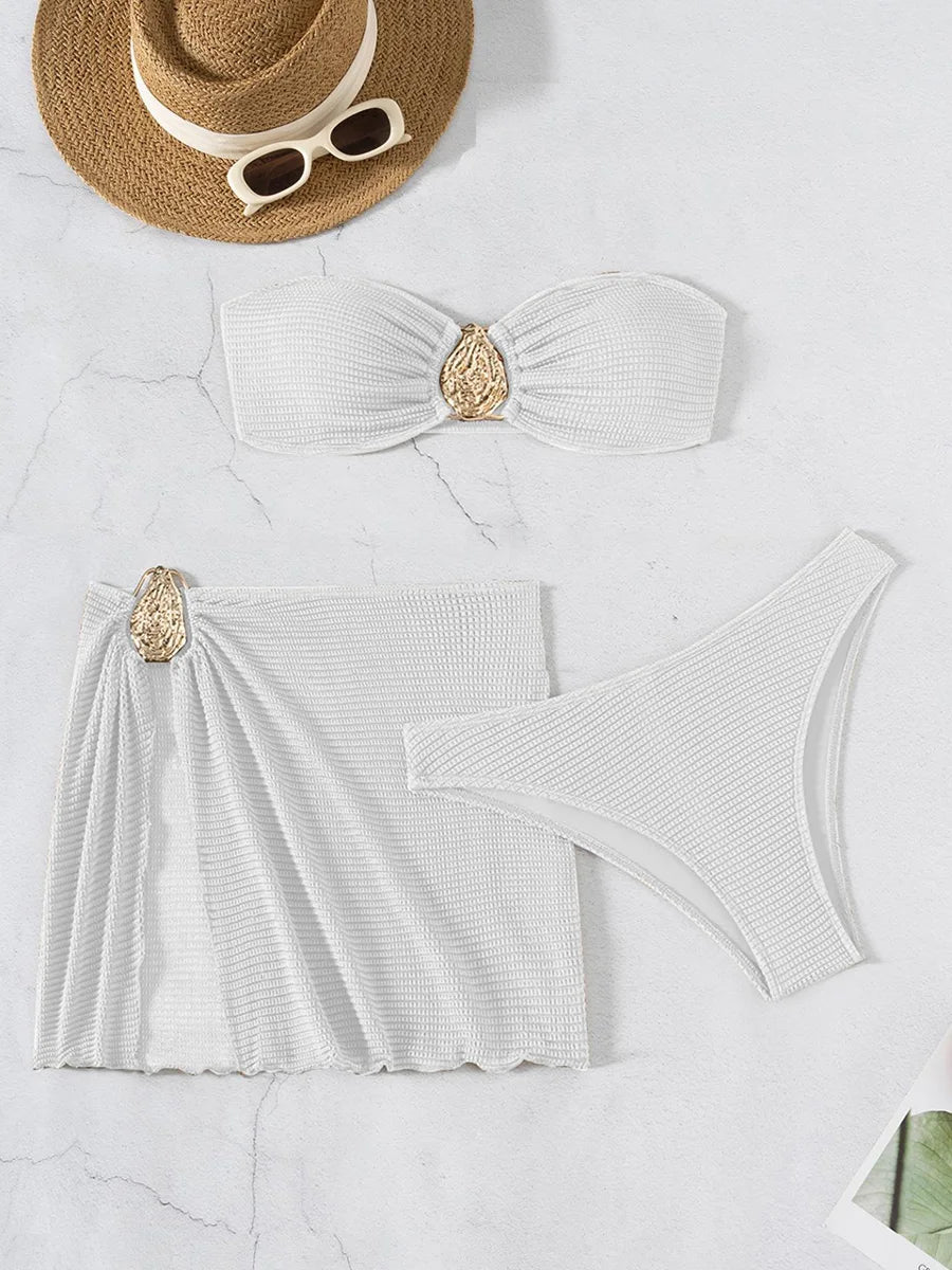 With Skirt Wrinkled Bandeau Bikini