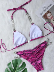 Snake Printed Halter Rhinestone Diamond Bikini