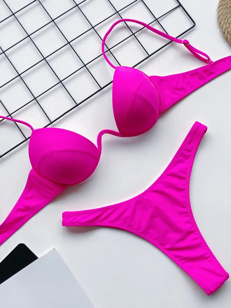 Sexy V-bar Underwired Bra Cup Thong Bikini