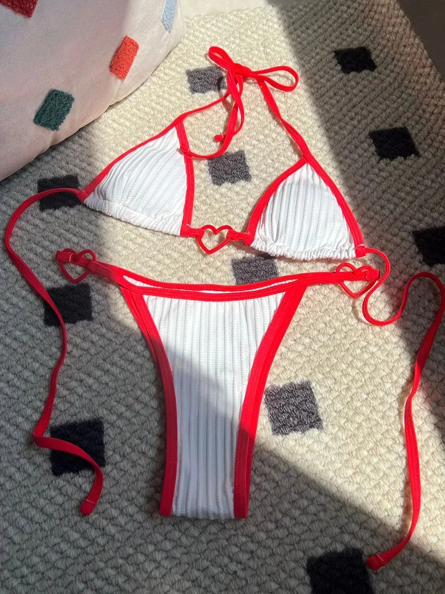 Sexy Ribbed Heart Shaped Halter Micro Bikini