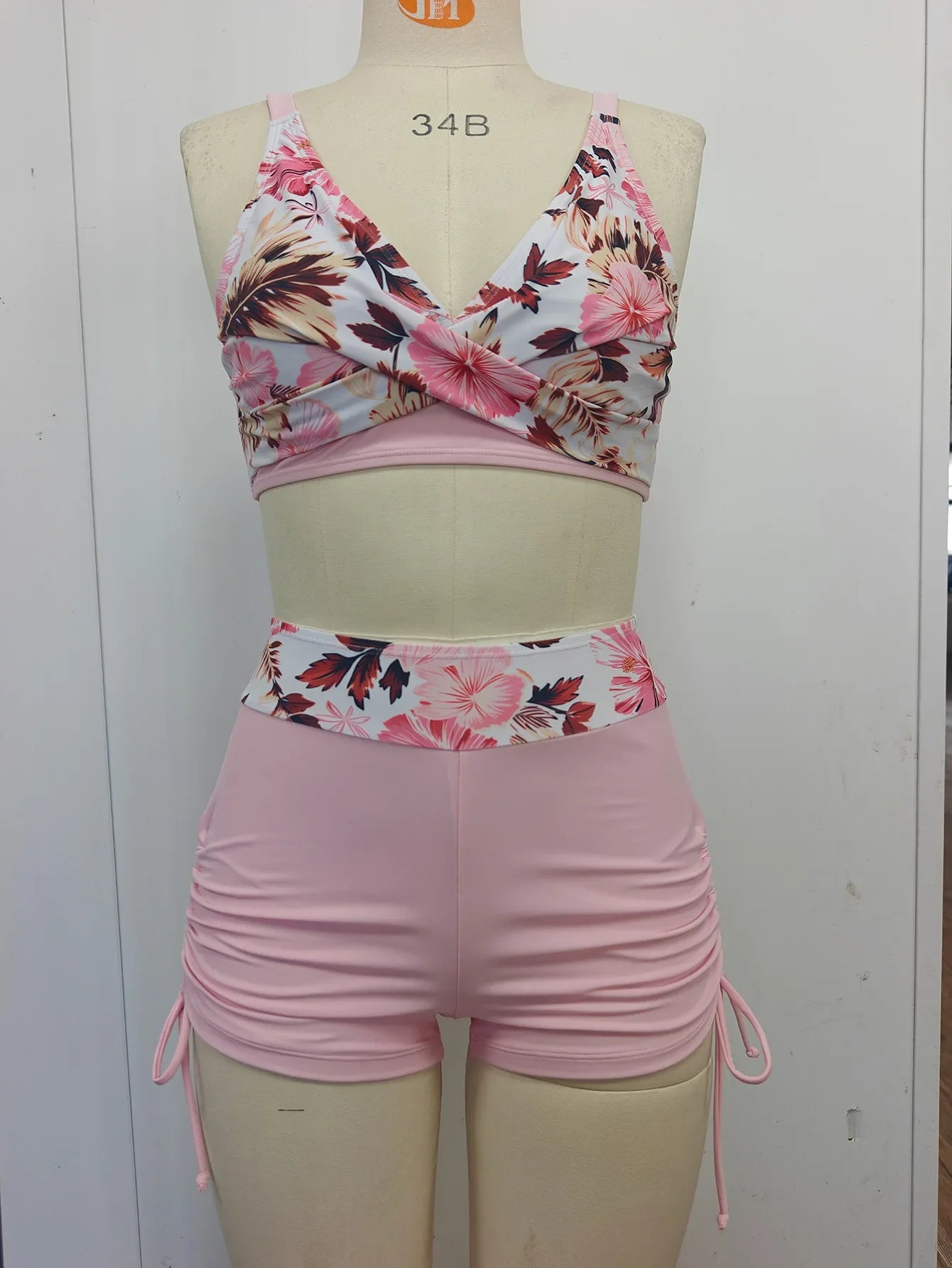Vintage Pink Floral Print Tankini Women Cross Push Up Bra Drawstring Side High Waist Swimsuit
