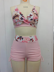 Vintage Pink Floral Print Tankini Women Cross Push Up Bra Drawstring Side High Waist Swimsuit