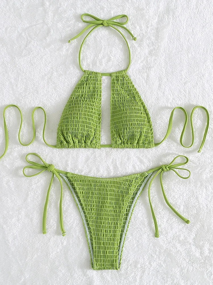 Halter Tie Side Hollow Out Smocked Bikini