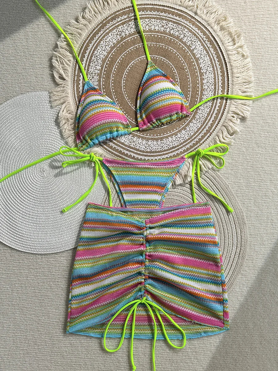 3PCS With Skirt Sarong Knitted Striped Bikini