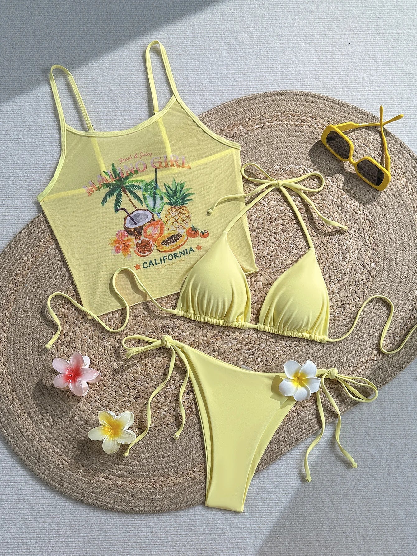 Sexy Yellow Fruit Print Cover Up Bikini Set