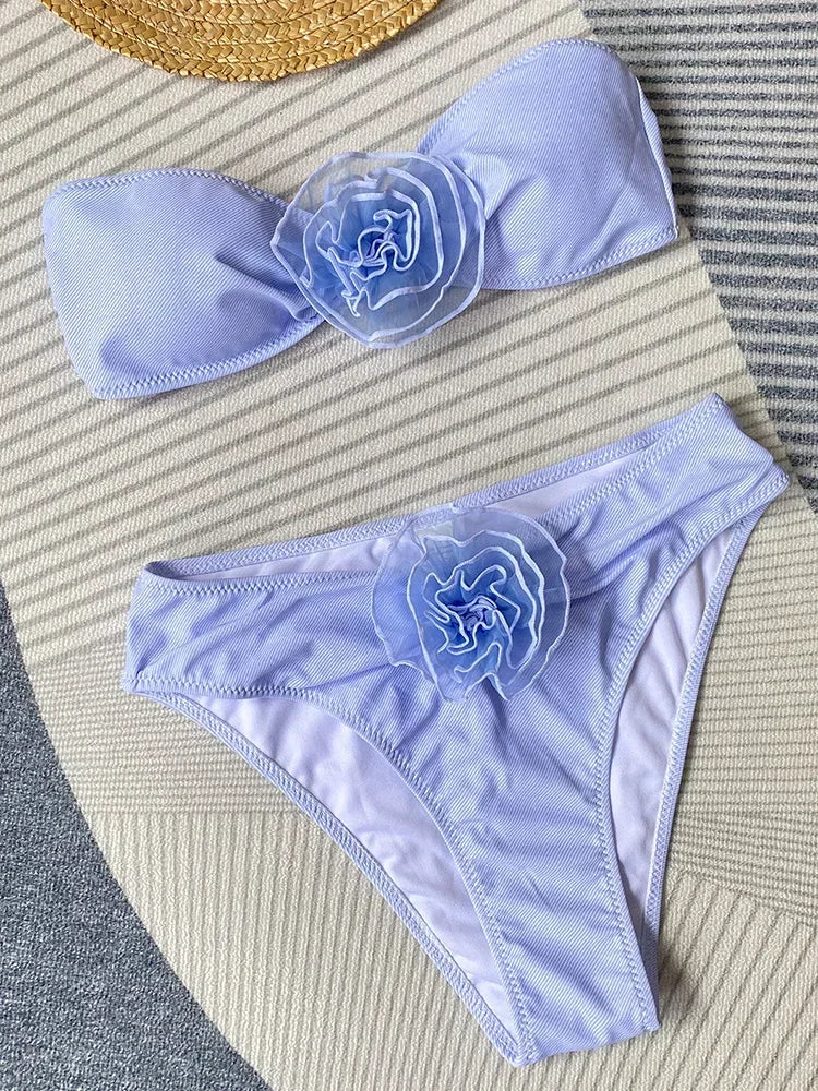 3D Flowers Striped Bikini