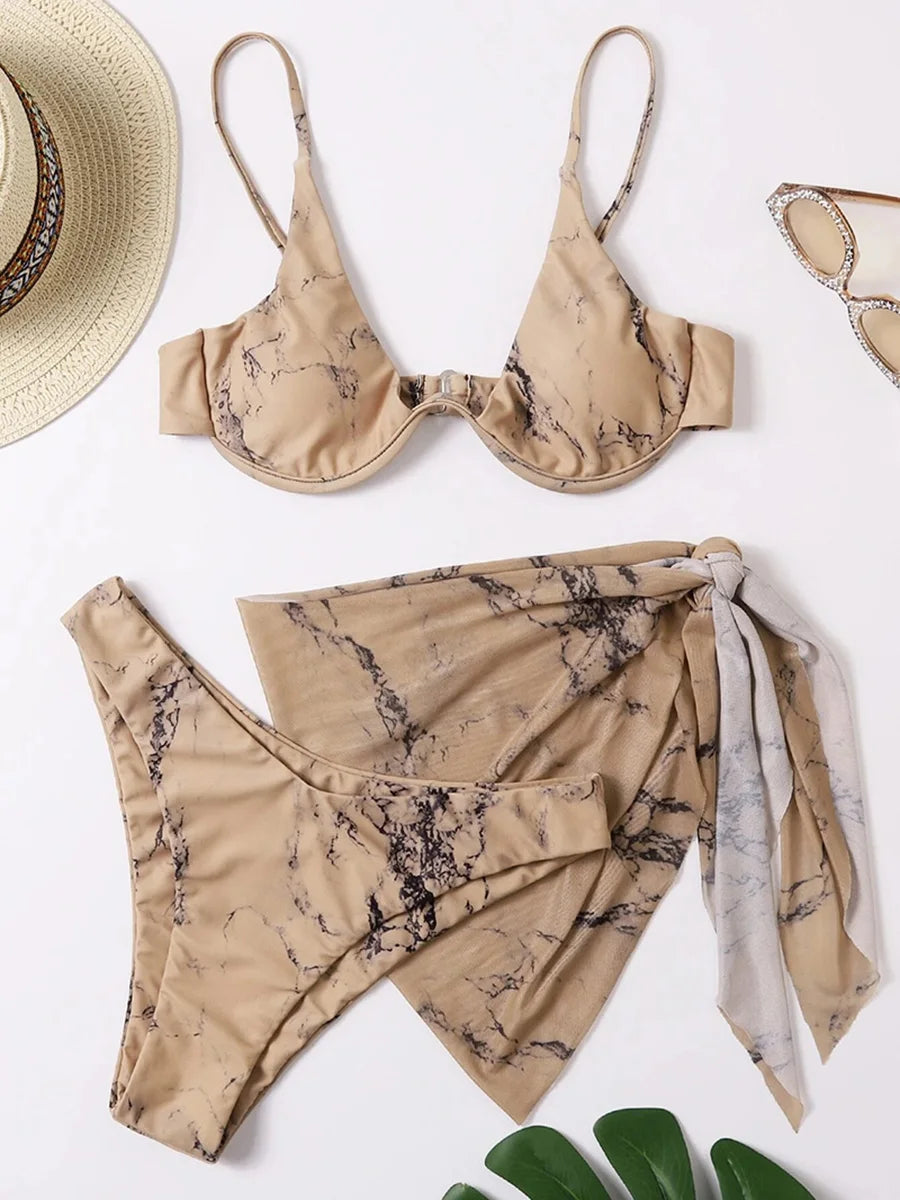 Marble Print V-Bar Underwired Bikini