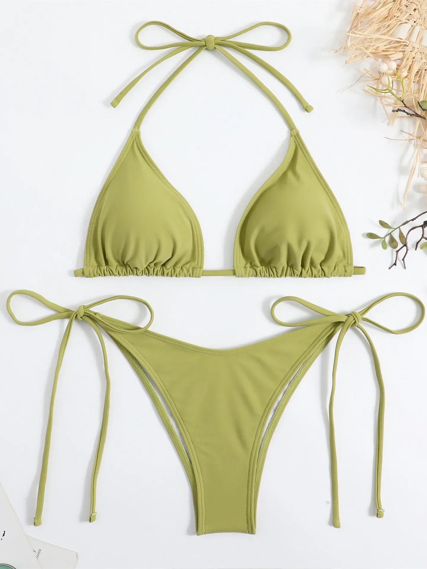 Solid Red Halter Push Up Bra Tie Side Triangle Swimsuit