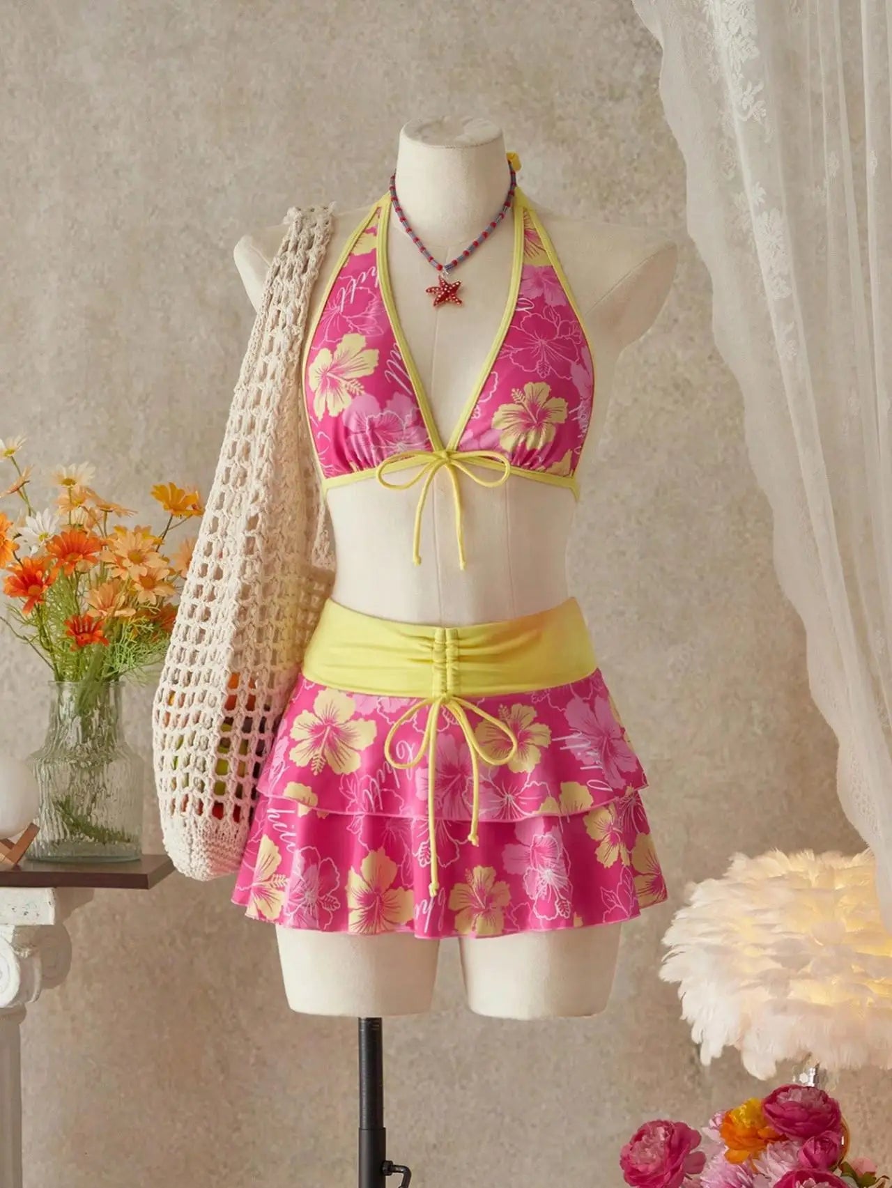 Vintage Pink Floral Print Contrast Bikini Set