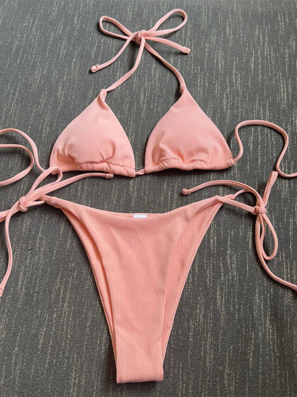 Solid Red Halter Push Up Bra Tie Side Triangle Swimsuit