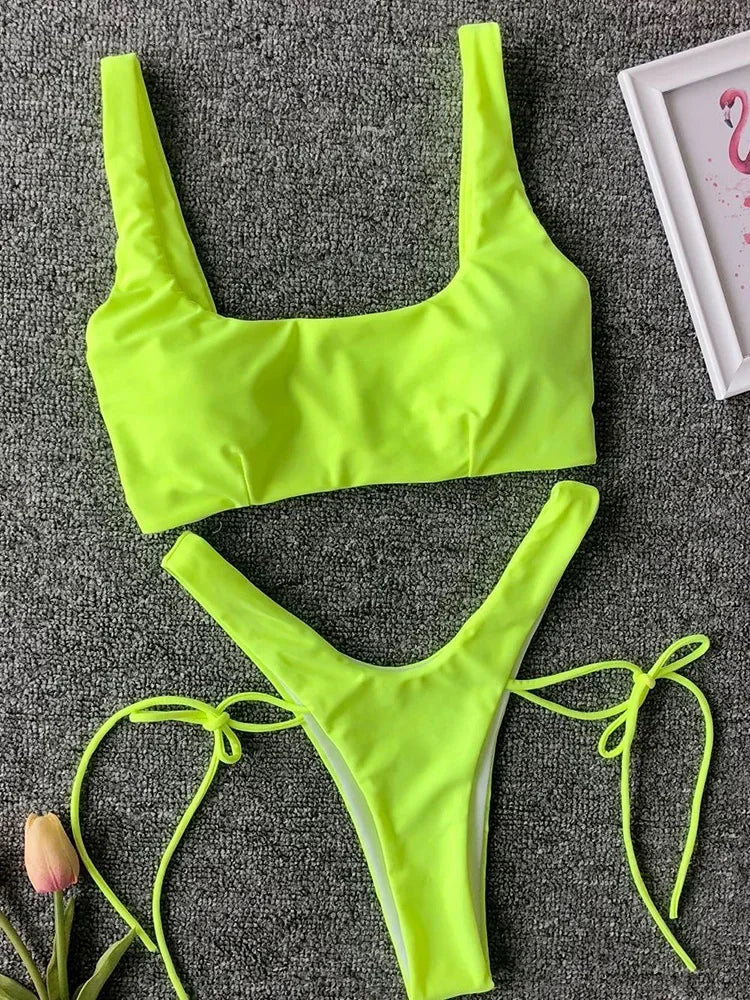 New Neon Green High Leg Cut Bikini
