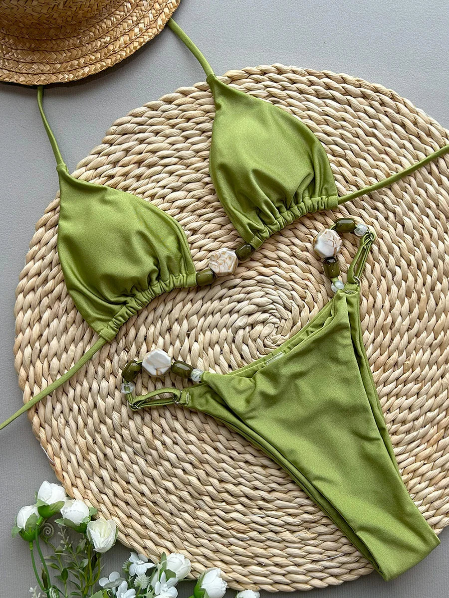 Shiny Halter High Leg Cut Beads Bikini