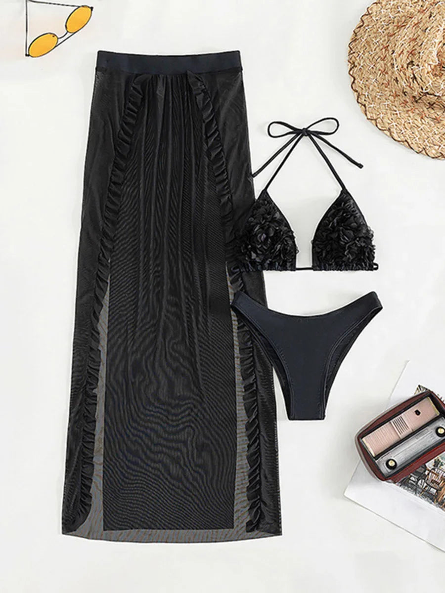 3D Flowers Ruffled Halter Long Skirt Bikini