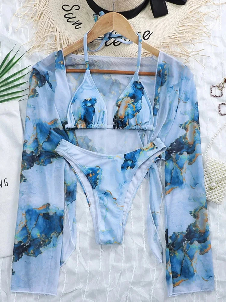 Marble Print V-Bar Underwired Bikini