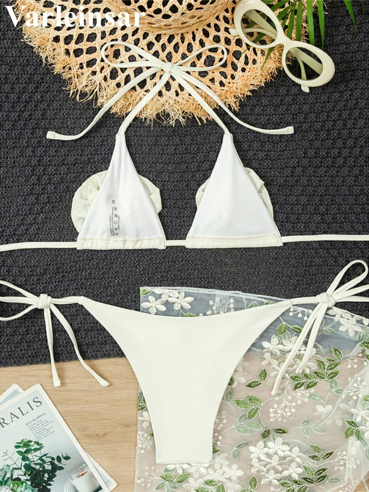 Bather Bathing Suit Swim 3PCS With Sarong 3D Flowers Halter Bikini