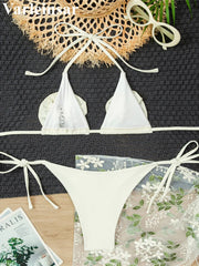 Bather Bathing Suit Swim 3PCS With Sarong 3D Flowers Halter Bikini