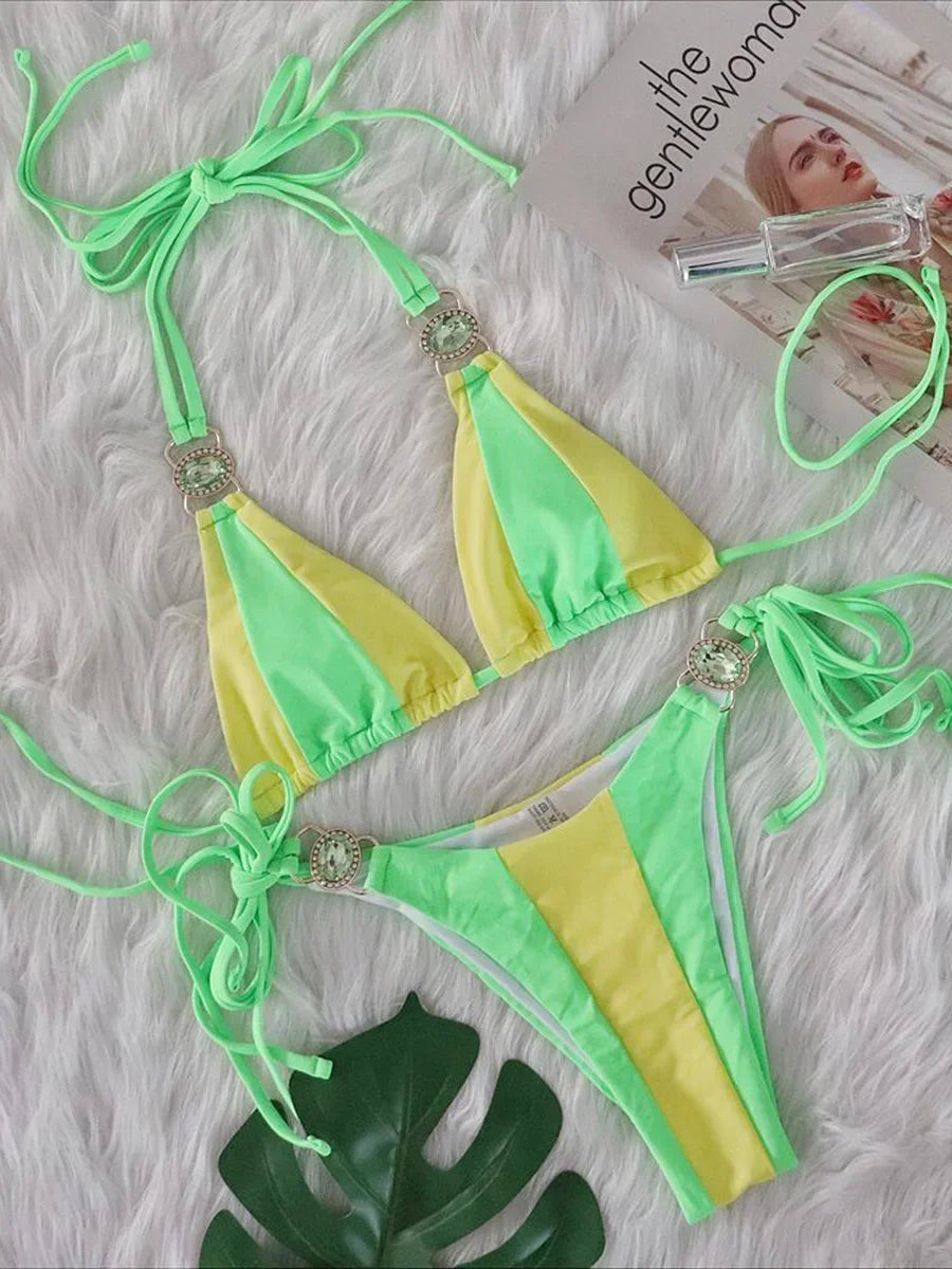 Splicing Halter Jewelled Diamond Bikini