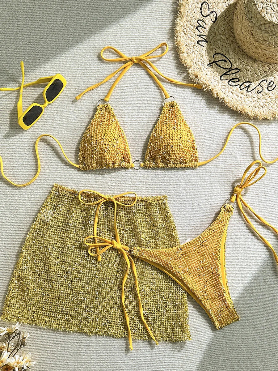 With Mesh Sarong Skirt Halter Bikini