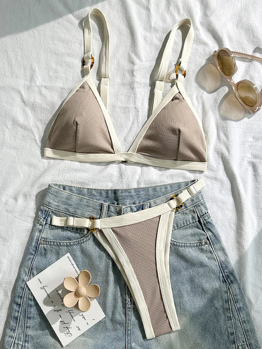 Splicing Ribbed High Cut Ring Mini Micro Bikini