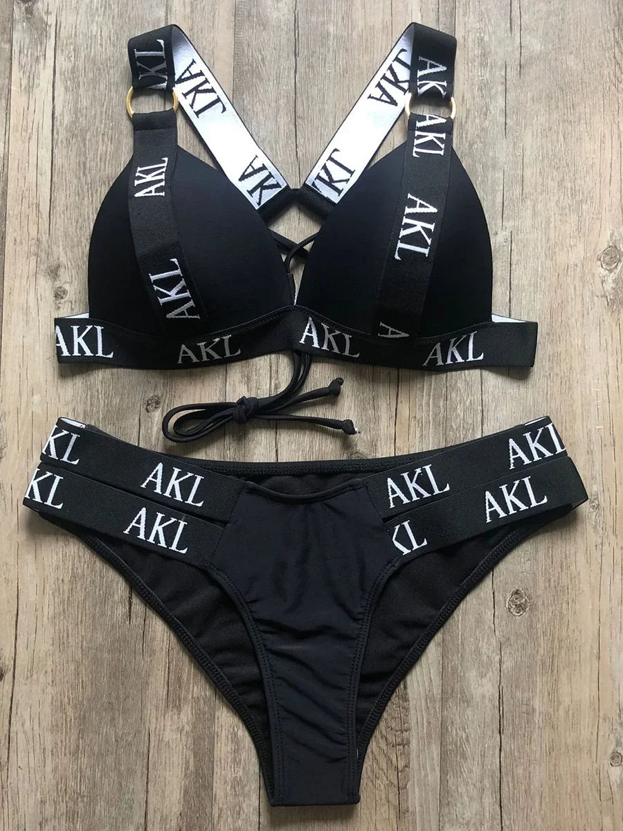 Sexy Letter Print Bra Cup Bikini