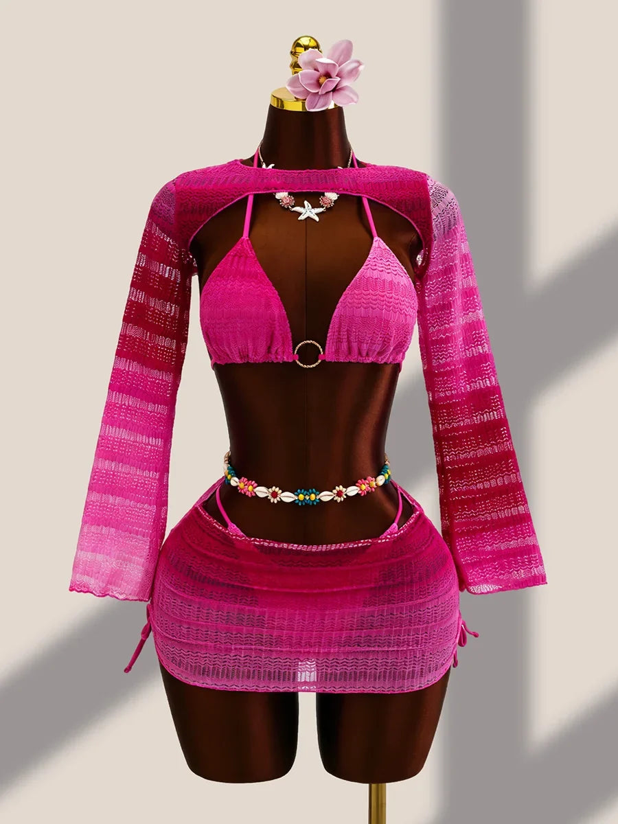 4PCS with Cover Up Skirt Gradient Knit Bikini
