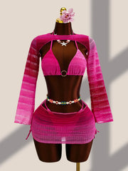 4PCS with Cover Up Skirt Gradient Knit Bikini