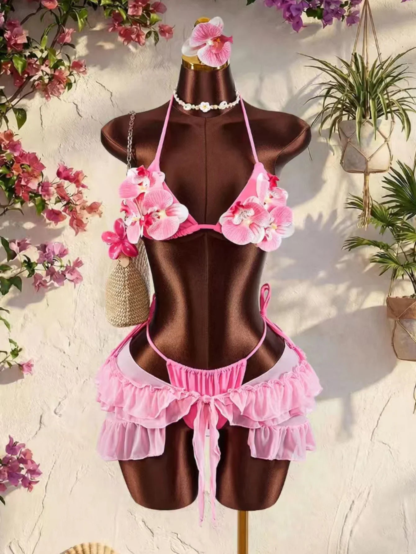Sexy Pink 3D Floral Bikini Set