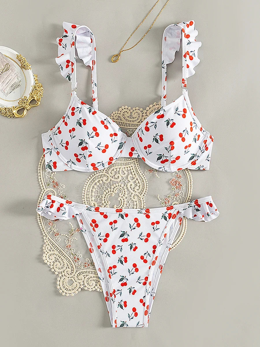 Cherry Printed Underwired V-bar Ruffled Bikini