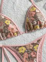 Sexy Pink Floral Sequin Bikini Set