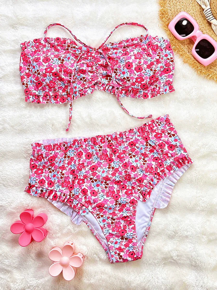 Flowers Printed Ruffled Bandeau Female Swimsuit
