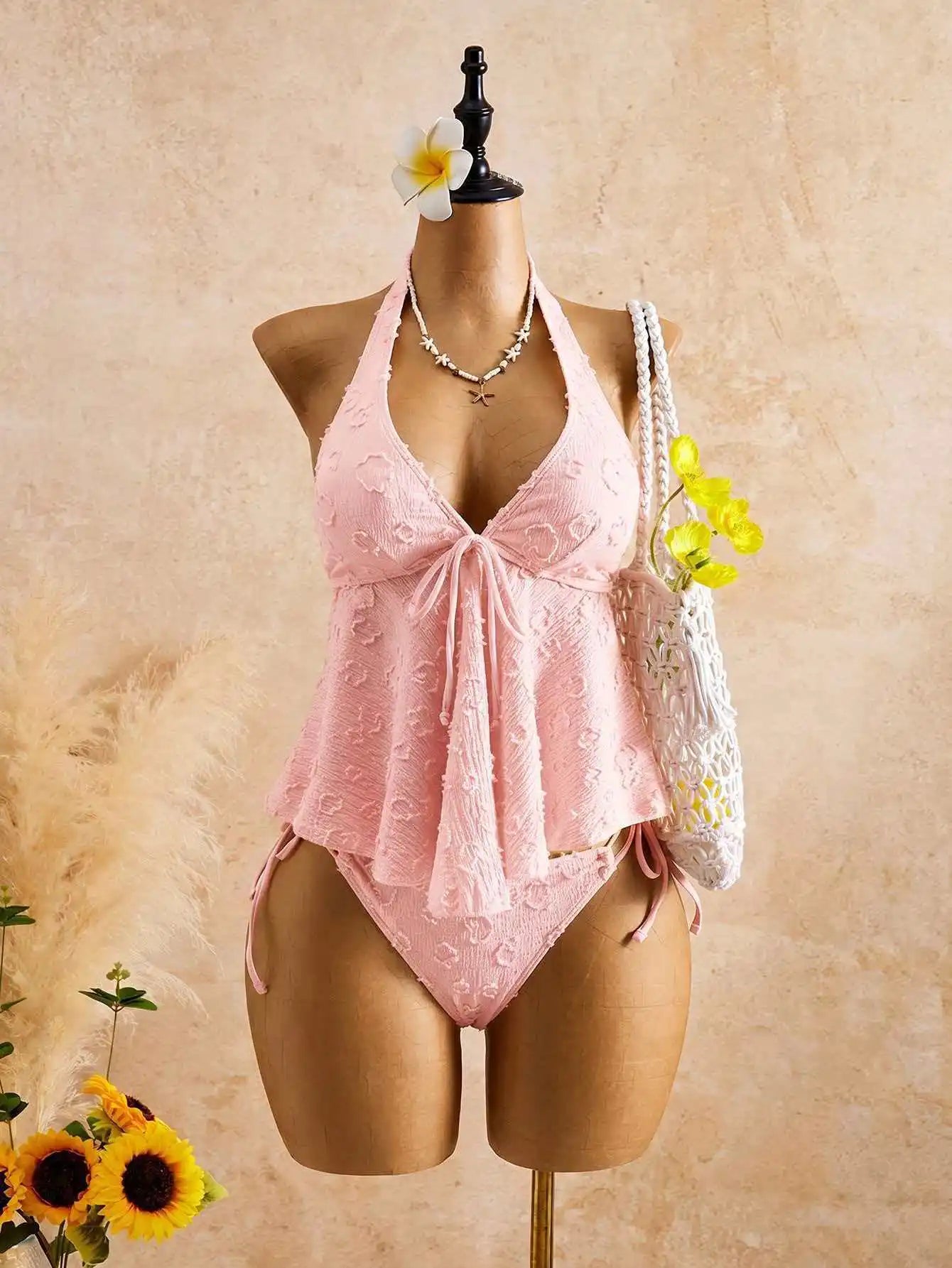 Retro Front Tie V Neck Tank Top Bikini Set