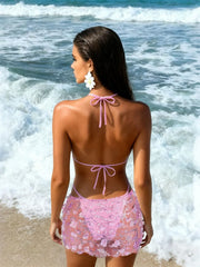 Shiny Sequin Pink Mesh Skirt 3 Piece Bikini Set