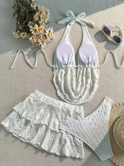 3PC with Skirt Wrinkled Halter Tankini Bikini