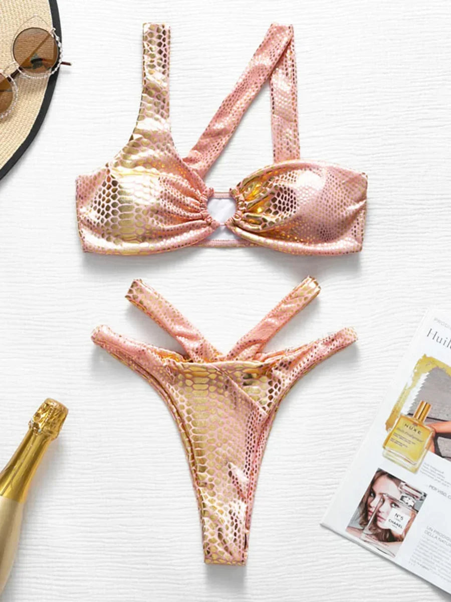 Asymmetric Shiny Snake Skin Thong Bikini
