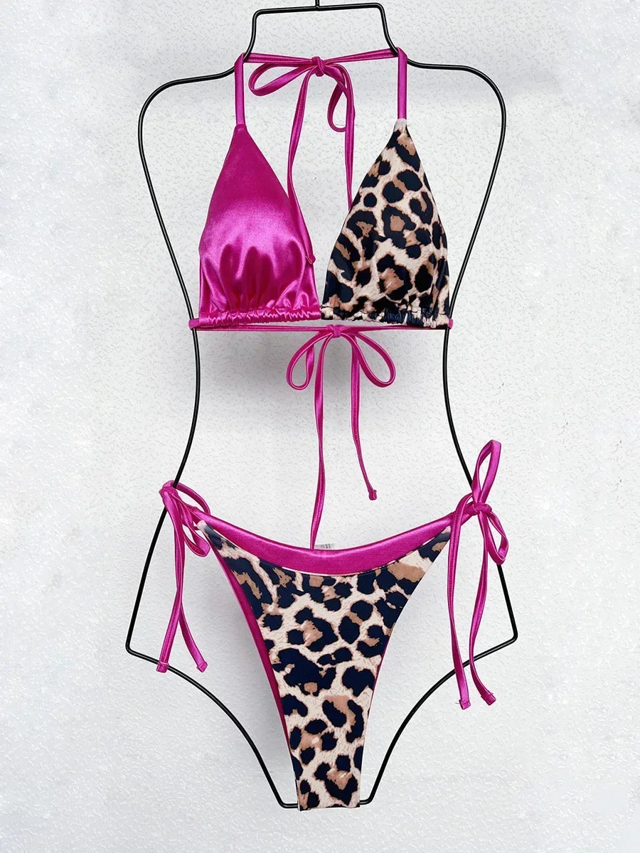 Halter Splicing Leopard Satin Bikini