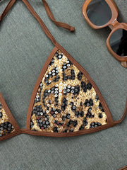 Sexy Sequin Coffee Leopard Print Bikini Set