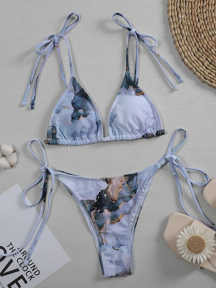 Marble Printed Micro String Bikini
