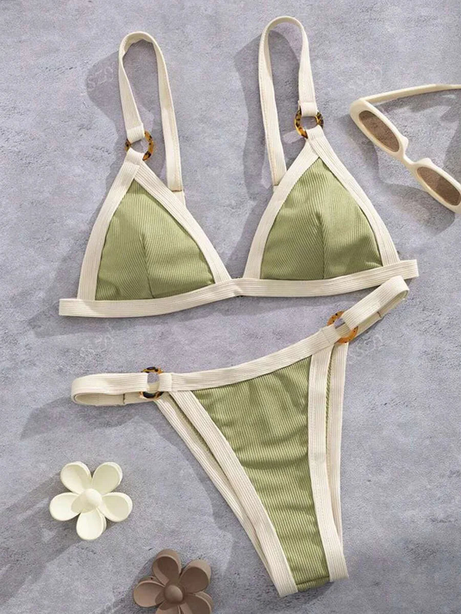 Splicing Ribbed High Cut Rings Bikini