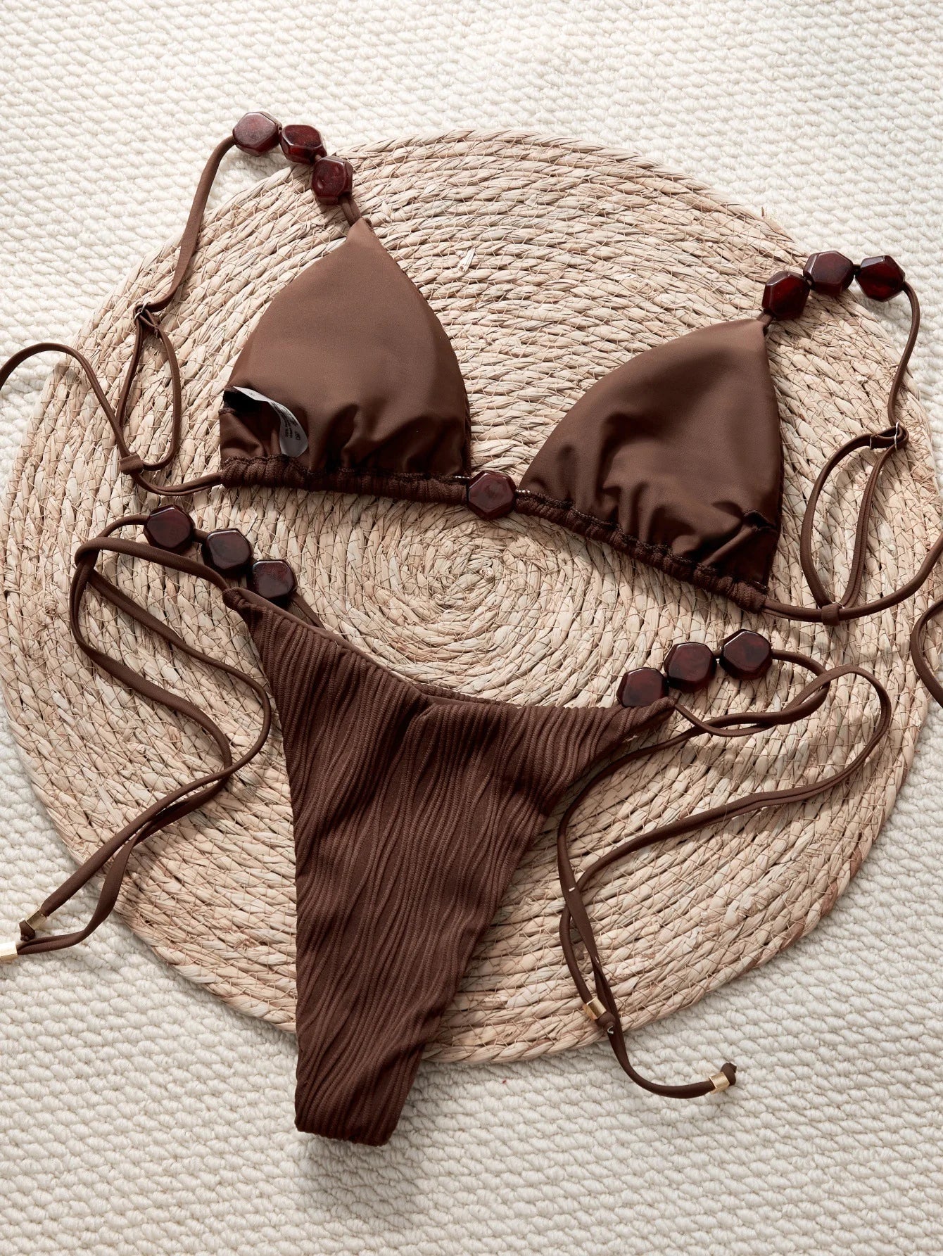 Ribbed Beaded Push Up Bra Bandage Thong Swimsuit