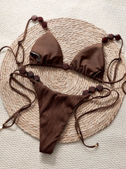 Ribbed Beaded Push Up Bra Bandage Thong Swimsuit