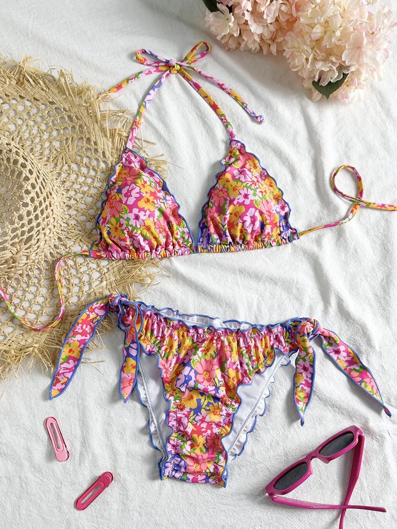 Cute Orange Floral Print Bikini Set