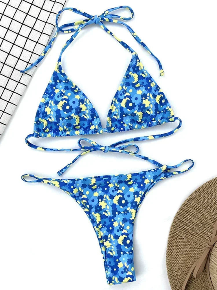 Floral Print Halter Mini Micro String Bikini